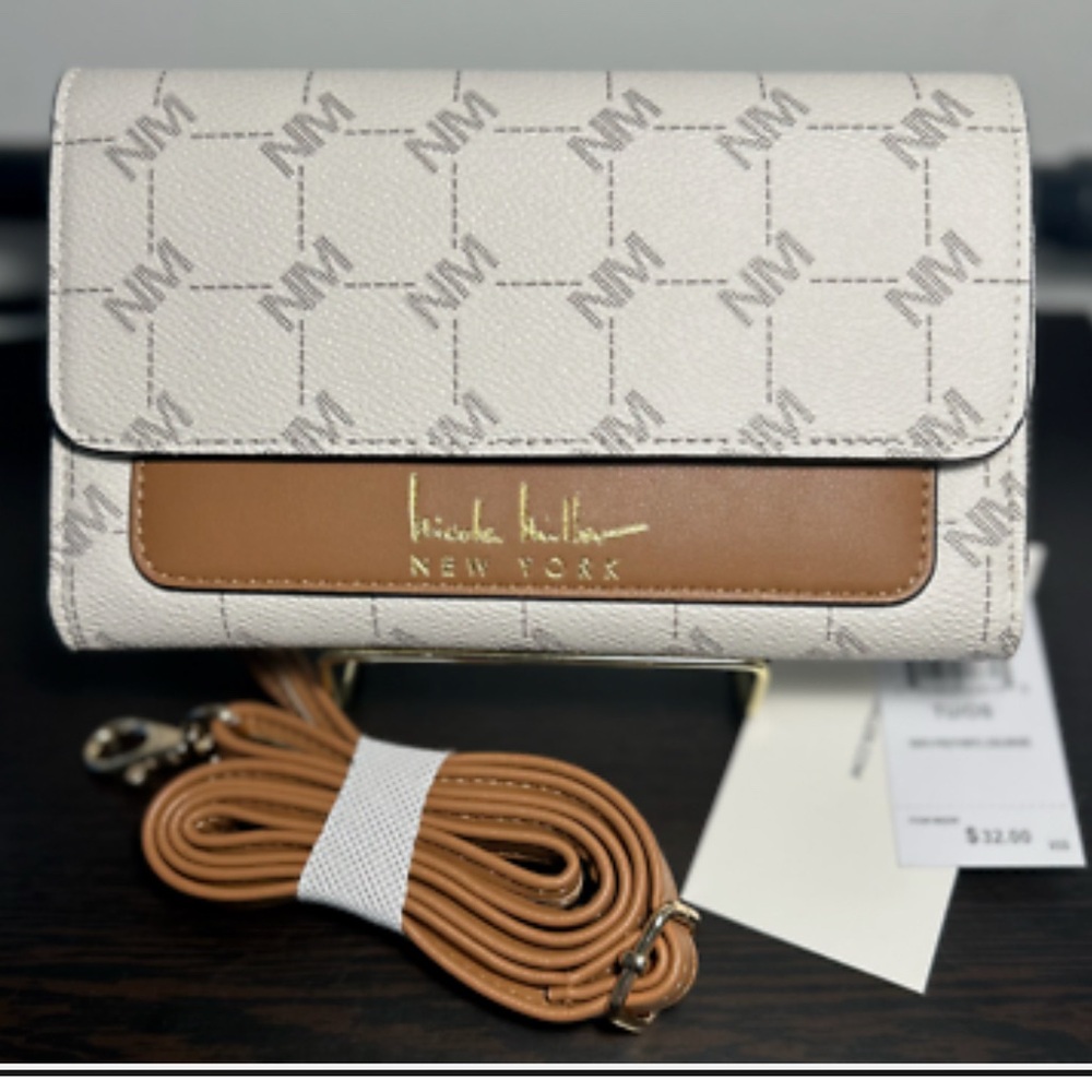 Nicole Miller  Logo Brown & Cream Clutch Bag | Removable Crossbody Strap     NWT